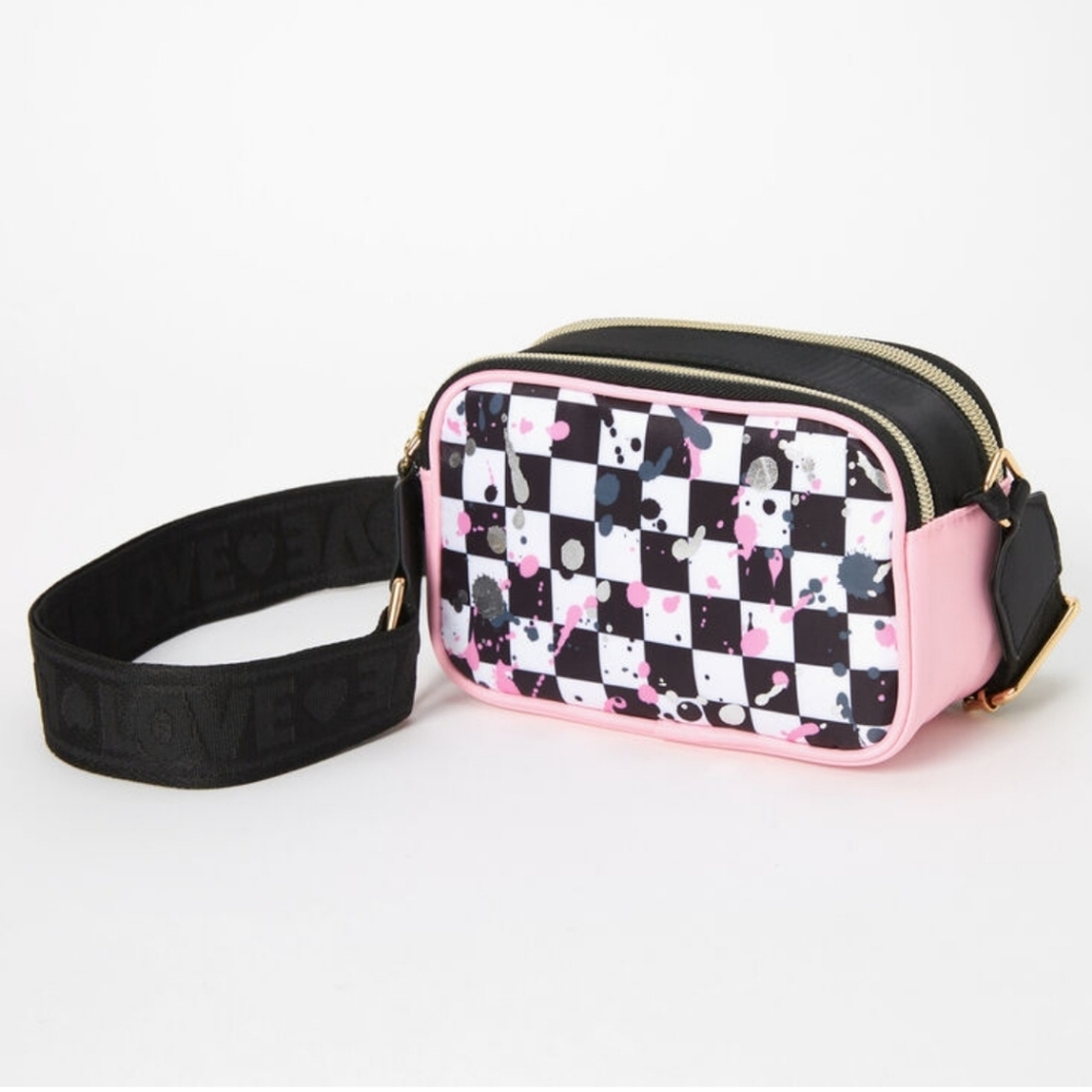 Checkered Splatter Camera Crossbody Handbag Teens/Women- Pink/Black BNWT SO